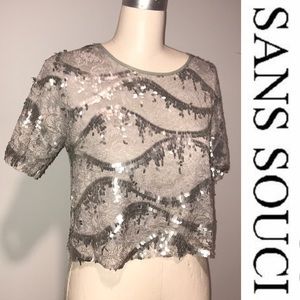 SANS SOUCI Gray Sequined Crop Top sz Med